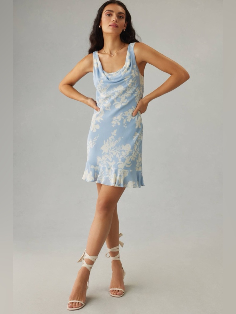 Reformation Rudie Draped Ruffle Hem Crepe Mini Dress Light Blue Floral